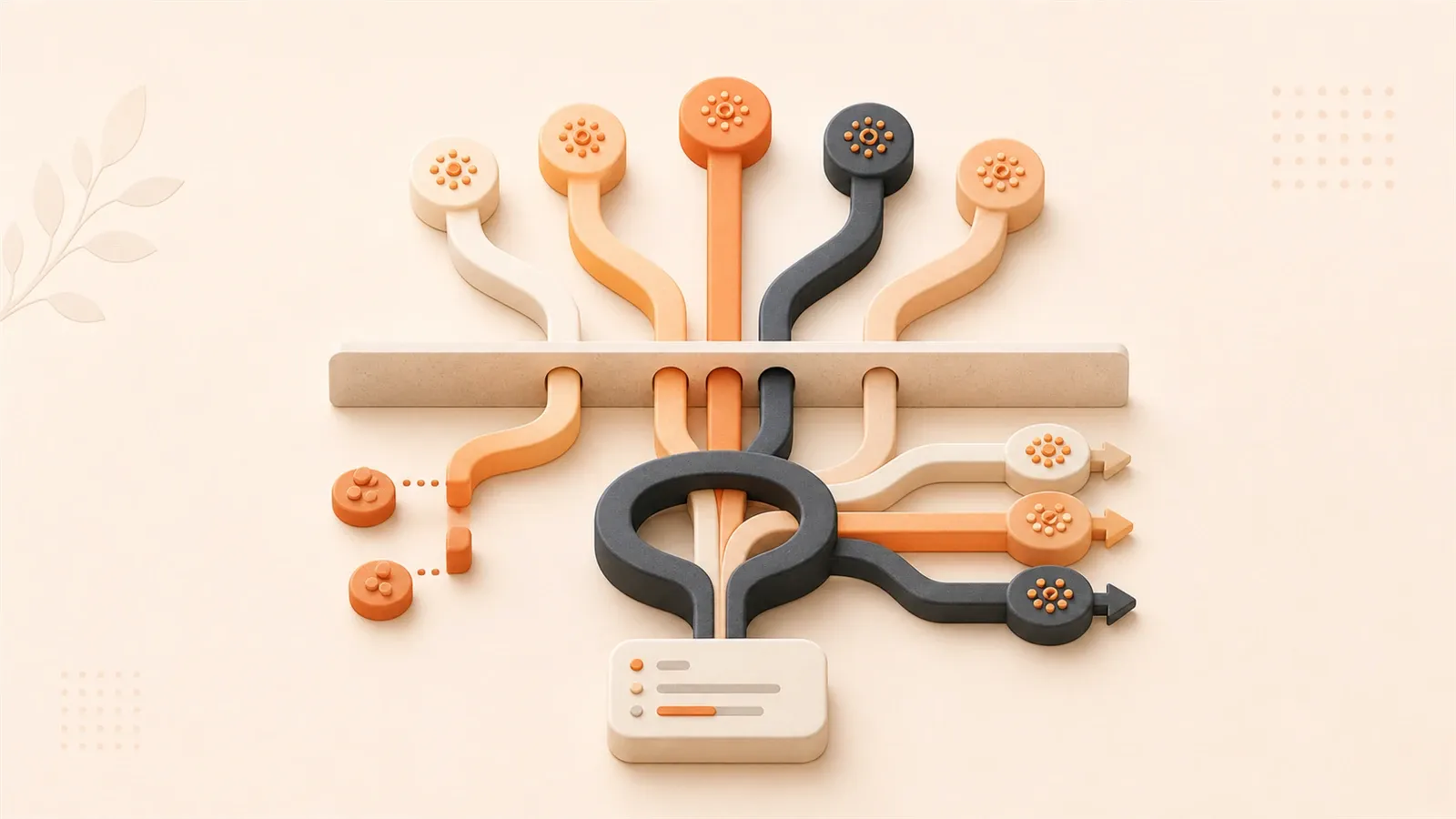 Easton editorial illustration: sculptural forked code-path tree, critic pruning ring
