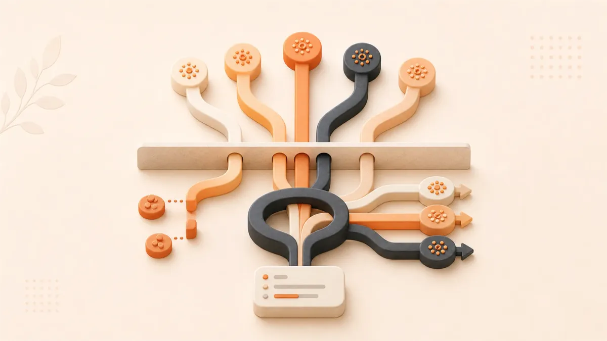 Easton editorial illustration: sculptural forked code-path tree, critic pruning ring