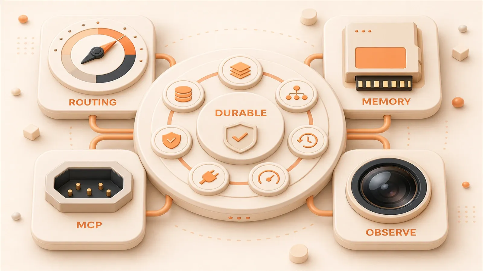 Easton editorial illustration: seven-slot runtime readiness console centered on a durable execution core