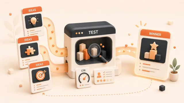 Easton editorial illustration: three distinct message cards, compact ad test chamber, validated proposition card