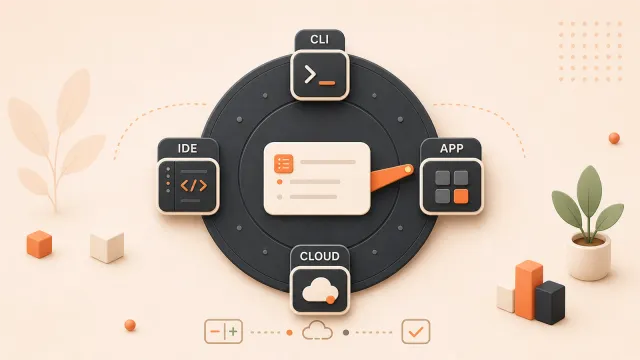 Easton editorial illustration: large four-position entry selector dial, single starter task card, four mode sockets