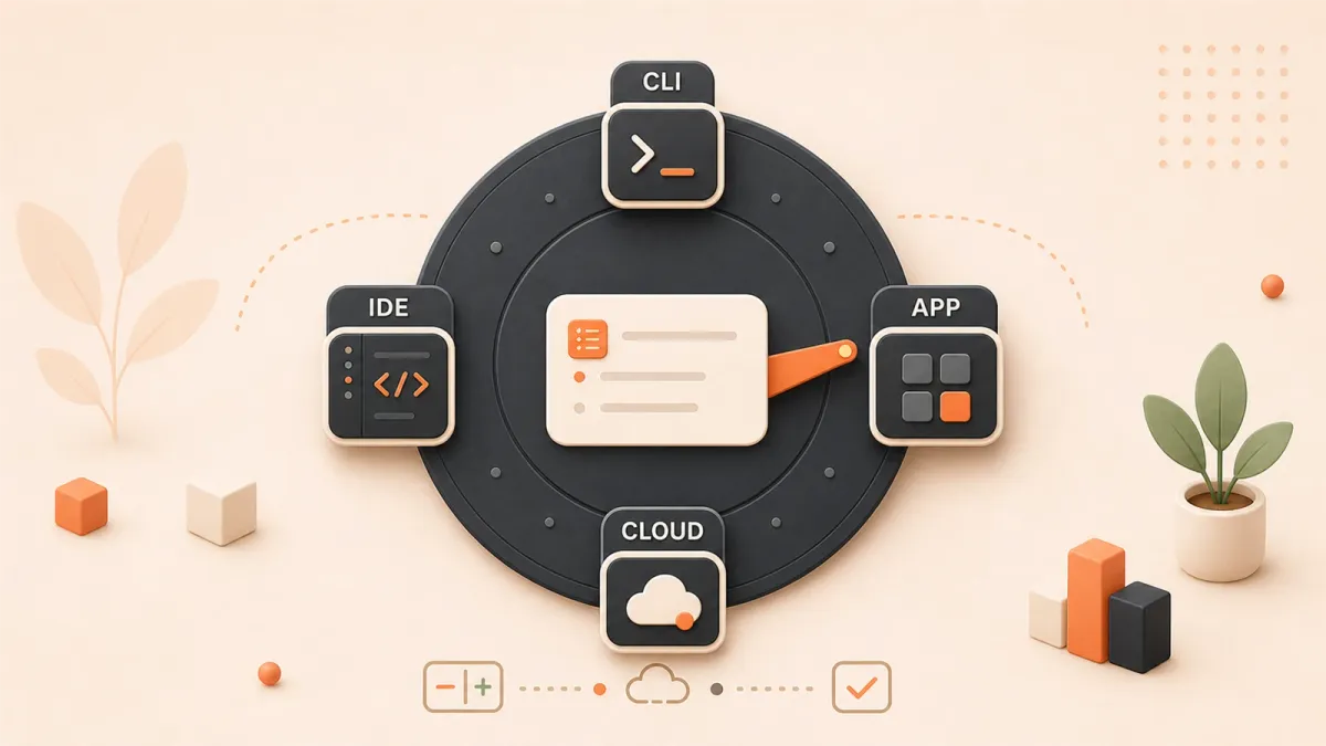 Easton editorial illustration: large four-position entry selector dial, single starter task card, four mode sockets