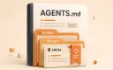 Easton editorial illustration: large AGENTS.md rulebook with three nested directory tabs and a priority bookmark