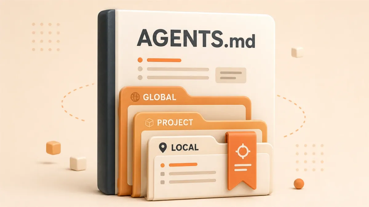 Easton editorial illustration: large AGENTS.md rulebook with three nested directory tabs and a priority bookmark