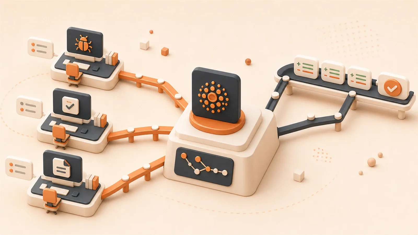 Easton editorial illustration: central Git trunk dock, three physically separated worktree desks