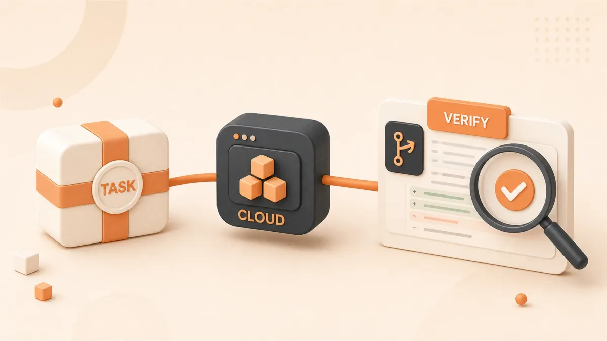 Easton editorial illustration: repository task brief, cloud execution capsule, inspected pull request card