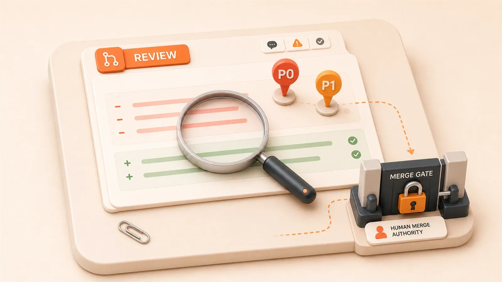 Easton editorial illustration: pull-request diff sheet under a precise review loupe with two severity pins
