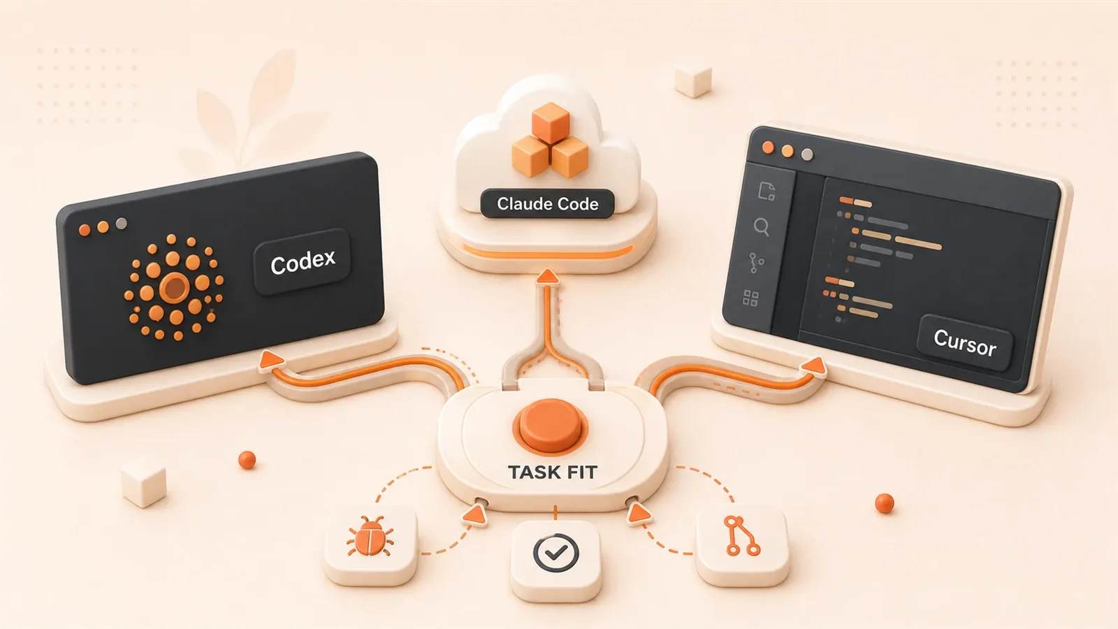 Easton editorial illustration: task-fit selector, terminal coding surface, cloud task card, editor coding surface