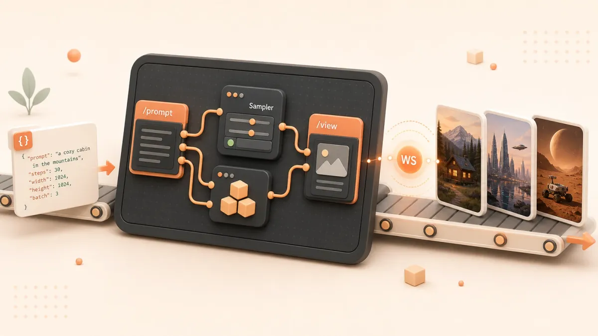 Easton editorial illustration: large dark node-graph workspace with orange connected nodes