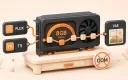 Easton editorial illustration: one compact charcoal graphics card with an orange 8GB VRAM gauge, one small ComfyUI-style node chain passing through the GPU memory window