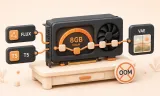 Easton editorial illustration: one compact charcoal graphics card with an orange 8GB VRAM gauge, one small ComfyUI-style node chain passing through the GPU memory window