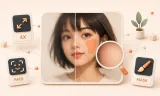 Easton editorial illustration: large rounded image-editing canvas with a pixel-soft left region and a clean detailed right region, orange translucent inpaint mask over one small facial area, magnifier revealing restored pixels