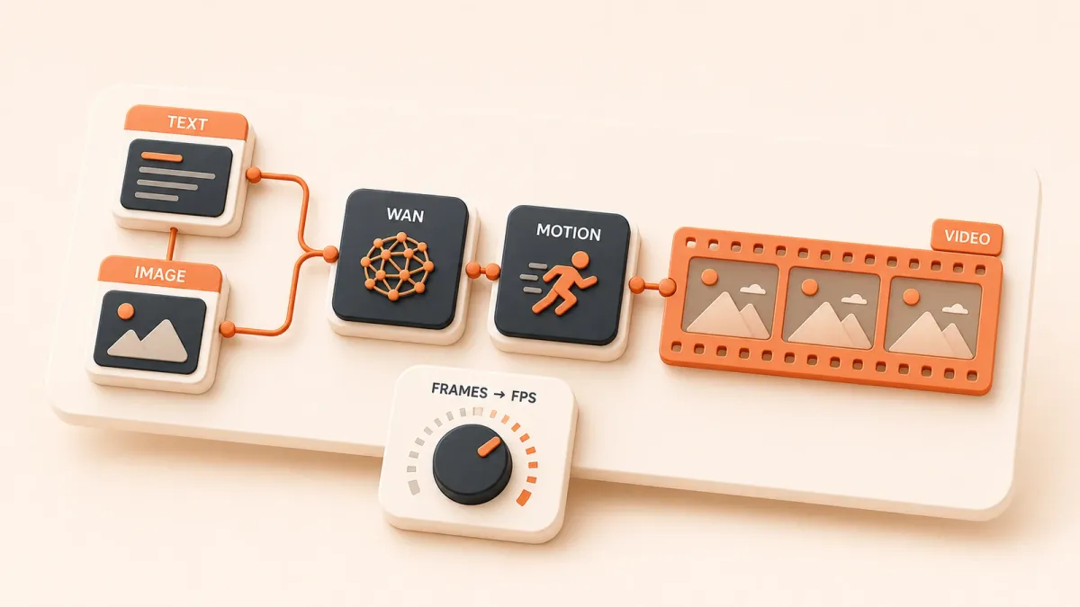 Easton editorial illustration: one large rounded charcoal node-canvas console, one orange video filmstrip emerging from the workflow