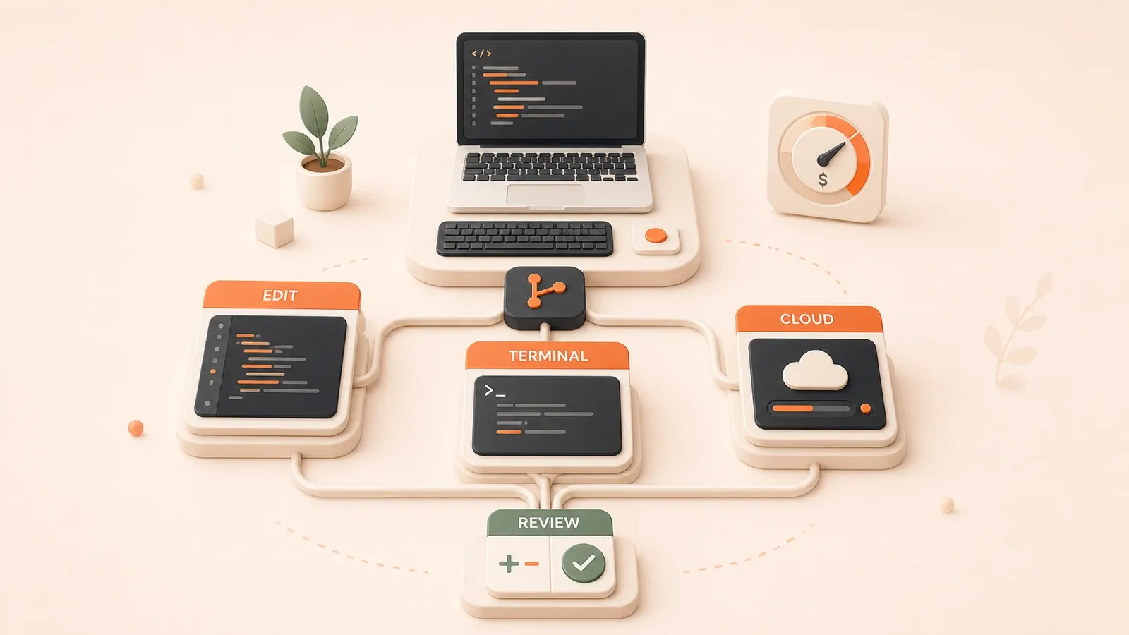 Easton editorial illustration: central laptop and keyboard on a compact solo-developer desk, one repository hub branching into an editor panel, terminal panel, and cloud task panel