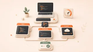 Easton editorial illustration: central laptop and keyboard on a compact solo-developer desk, one repository hub branching into an editor panel, terminal panel, and cloud task panel