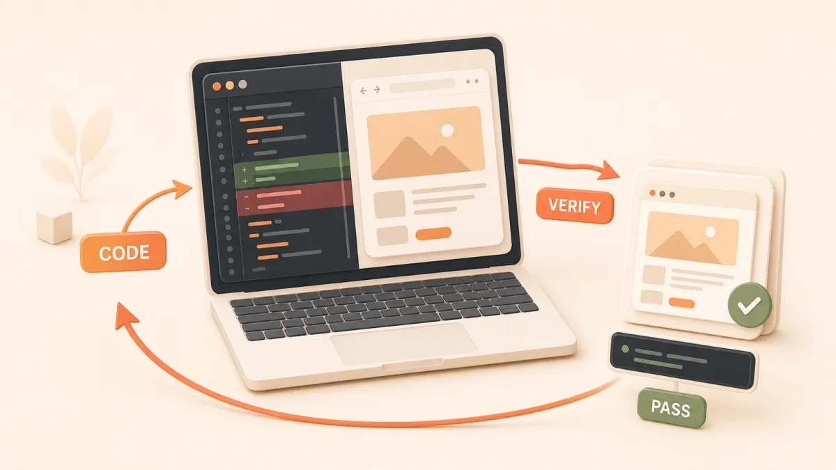 Easton editorial illustration: central laptop with split code diff and rendered browser viewport, stacked screenshot evidence card with a visible check mark