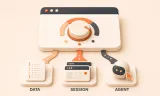 Easton editorial illustration: one oversized browser-window selector with a physical three-position dial, three compact destination objects: a structured data sheet, a stacked browser session with a recording dot, and an agent cursor orb