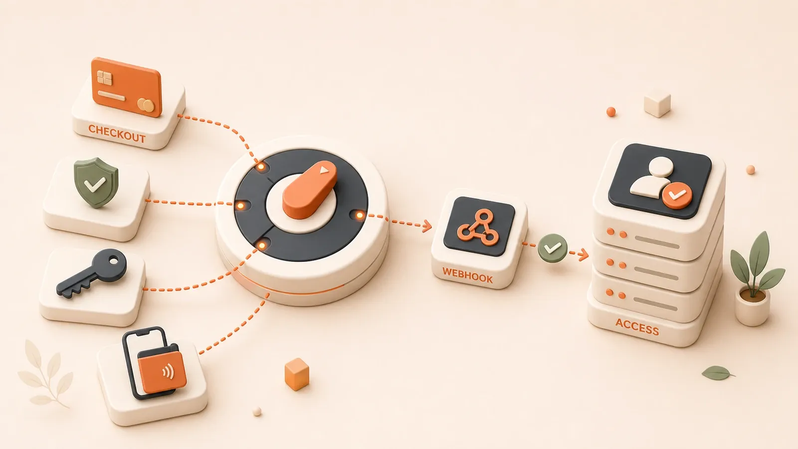 Easton editorial illustration: one dominant circular payment-routing switch with four selectable rails, one downstream stacked entitlement ledger/database receiving the verified flow