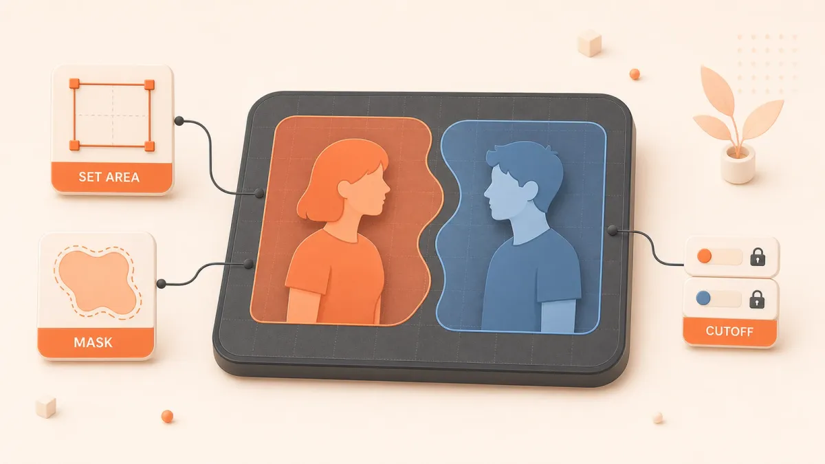 Easton editorial illustration: one large rounded ComfyUI-style node canvas with a coordinate grid, two simplified 2.5D character silhouettes isolated in red-left and blue-right regions