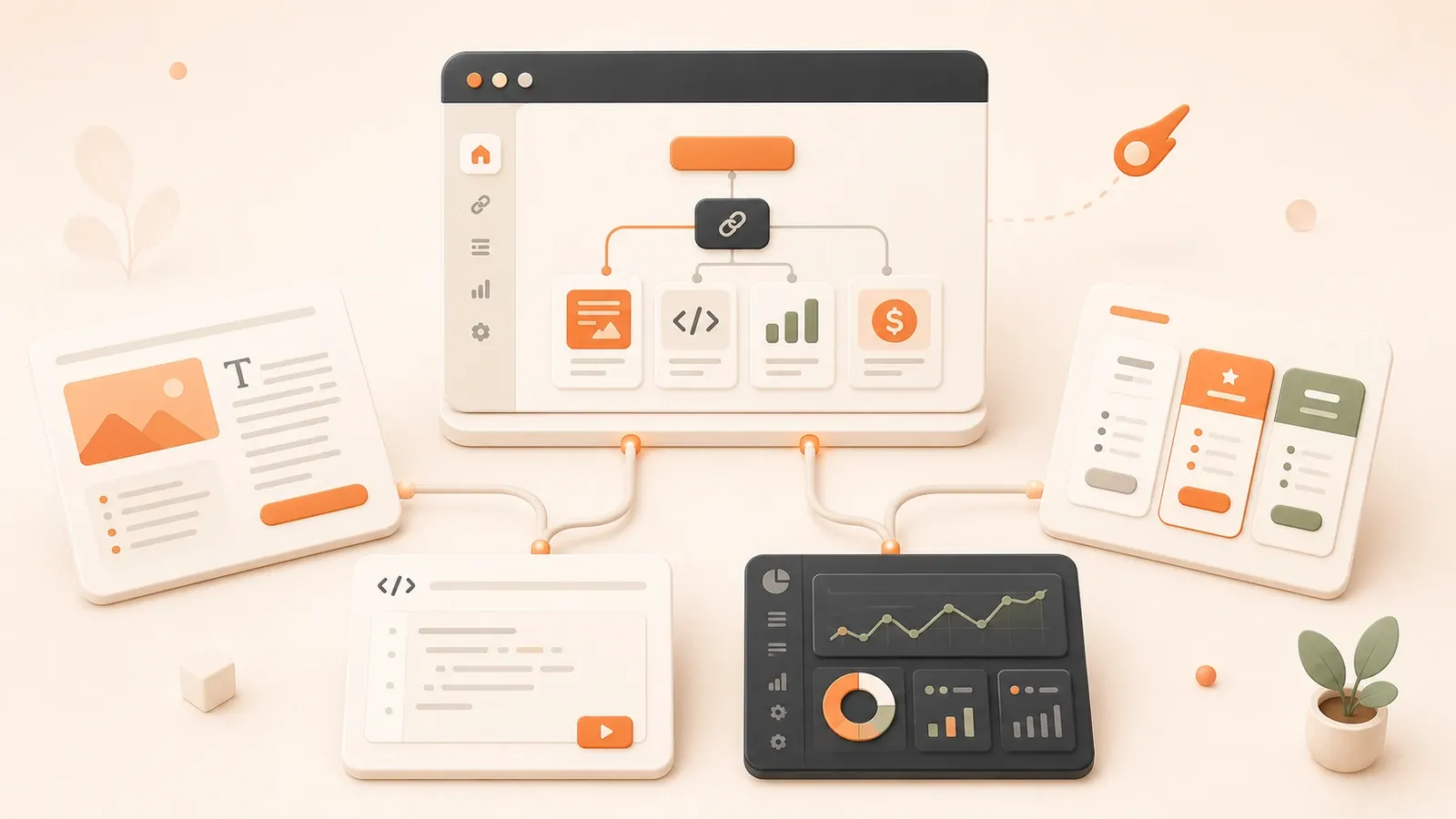 Easton editorial illustration: central browser workspace split into content, tool, dashboard, and pricing surfaces