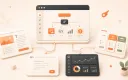 Easton editorial illustration: central browser workspace split into content, tool, dashboard, and pricing surfaces