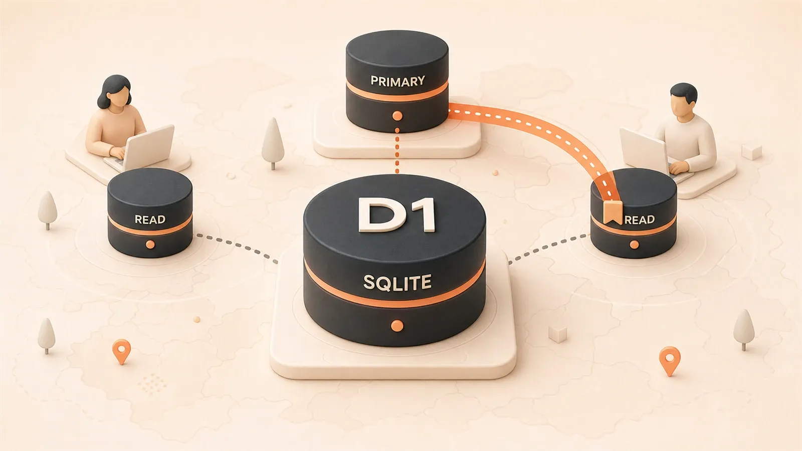 Easton editorial illustration: large SQLite database core on an abstract edge-map desk