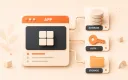Easton editorial illustration: one application card connected to three backend modules