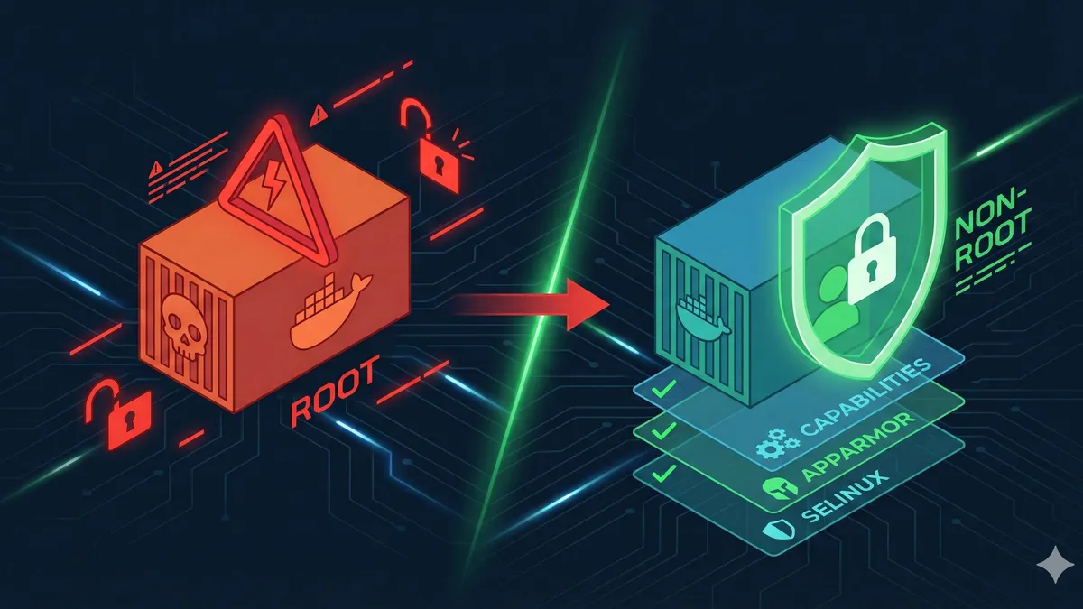 Docker容器安全配置示意图：从root到非root用户的转换