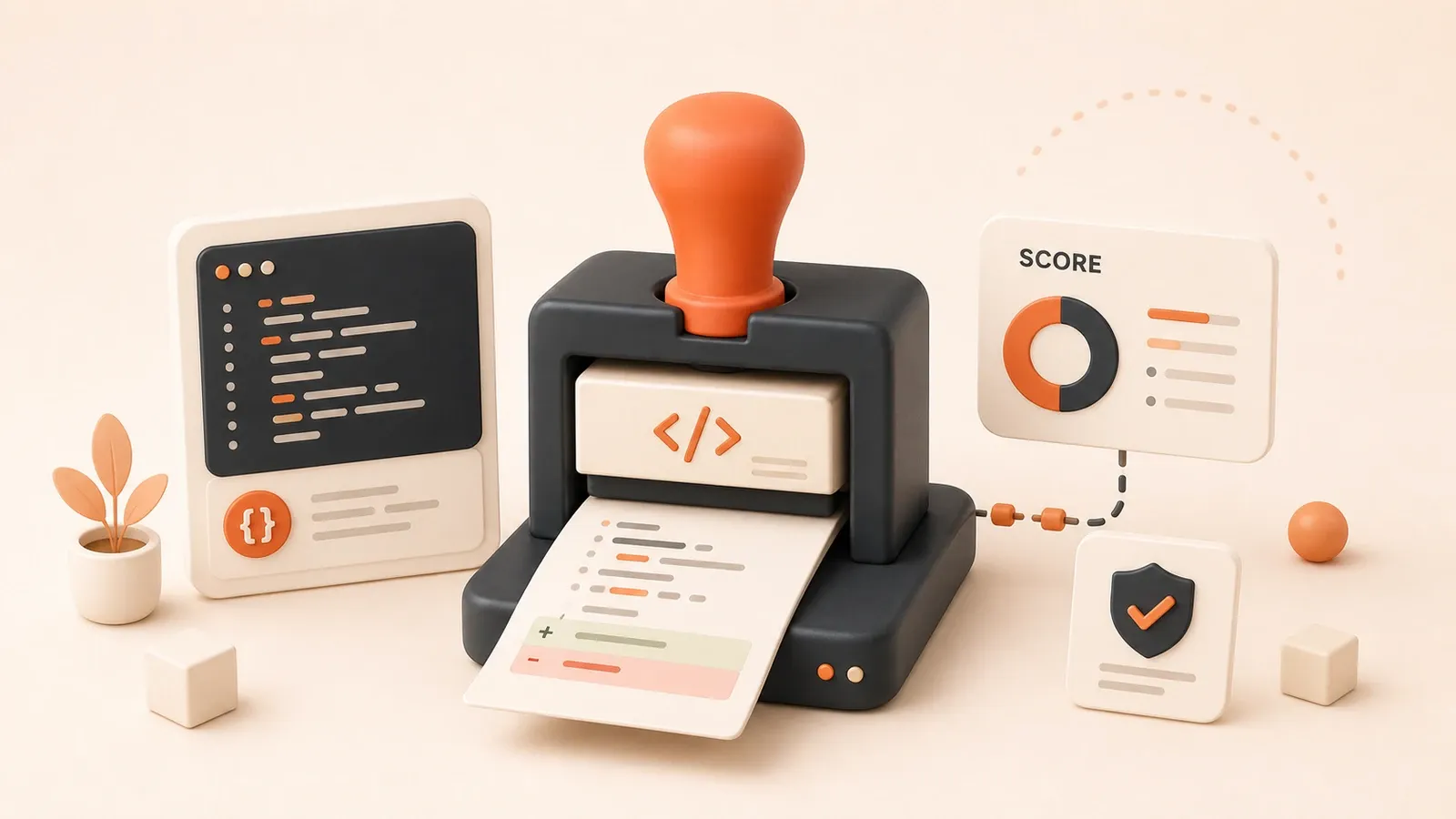 Easton editorial illustration: code-review stamp station