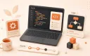 Easton editorial illustration: developer problem-solving desk