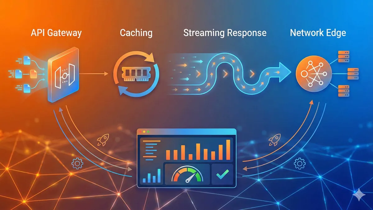 Next.js API 性能优化配图，展示缓存、流式响应和边缘计算三大技术