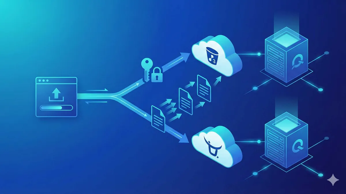 Next.js文件上传S3七牛云预签名URL直传架构图