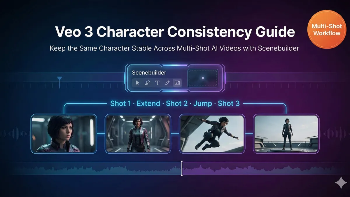 Illustration of Veo 3 Scenebuilder keeping the same character consistent across multiple video shots