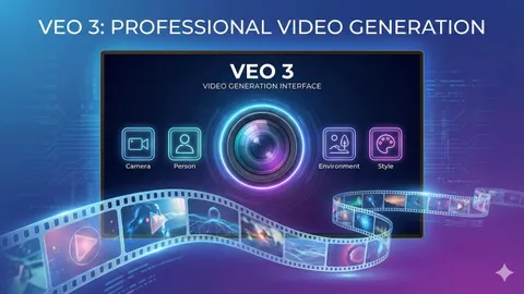 Veo 3 AI视频提示词写作指南配图，展示摄影机图标、5要素图标和电影胶片元素