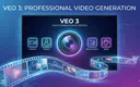 Veo 3 AI视频提示词写作指南配图，展示摄影机图标、5要素图标和电影胶片元素